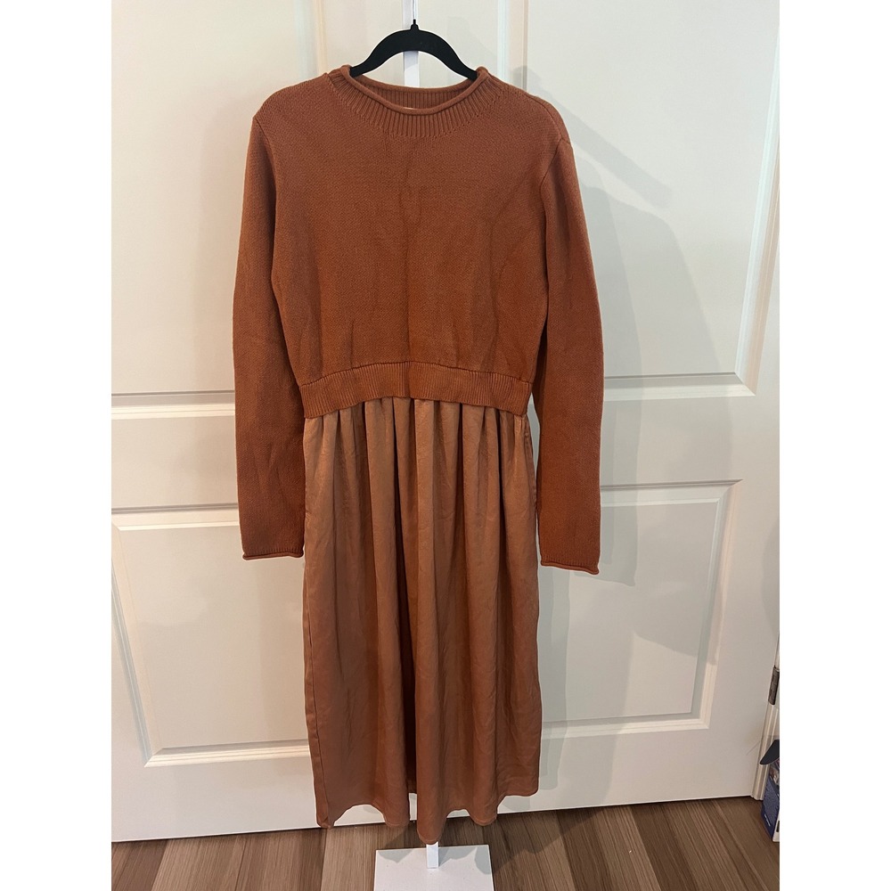 NWOT Doe and Rae Rust Brown Knit Sweater Mixed Media Midi Dress Large